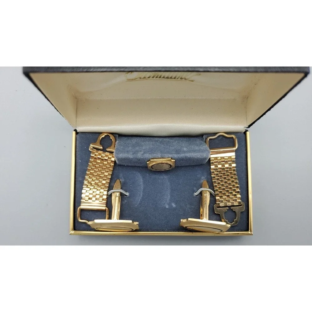 Vintage Signature 5 Piece Mesh Wrap Cuff Links Tie Tack Gold Toned Men's Jewelry